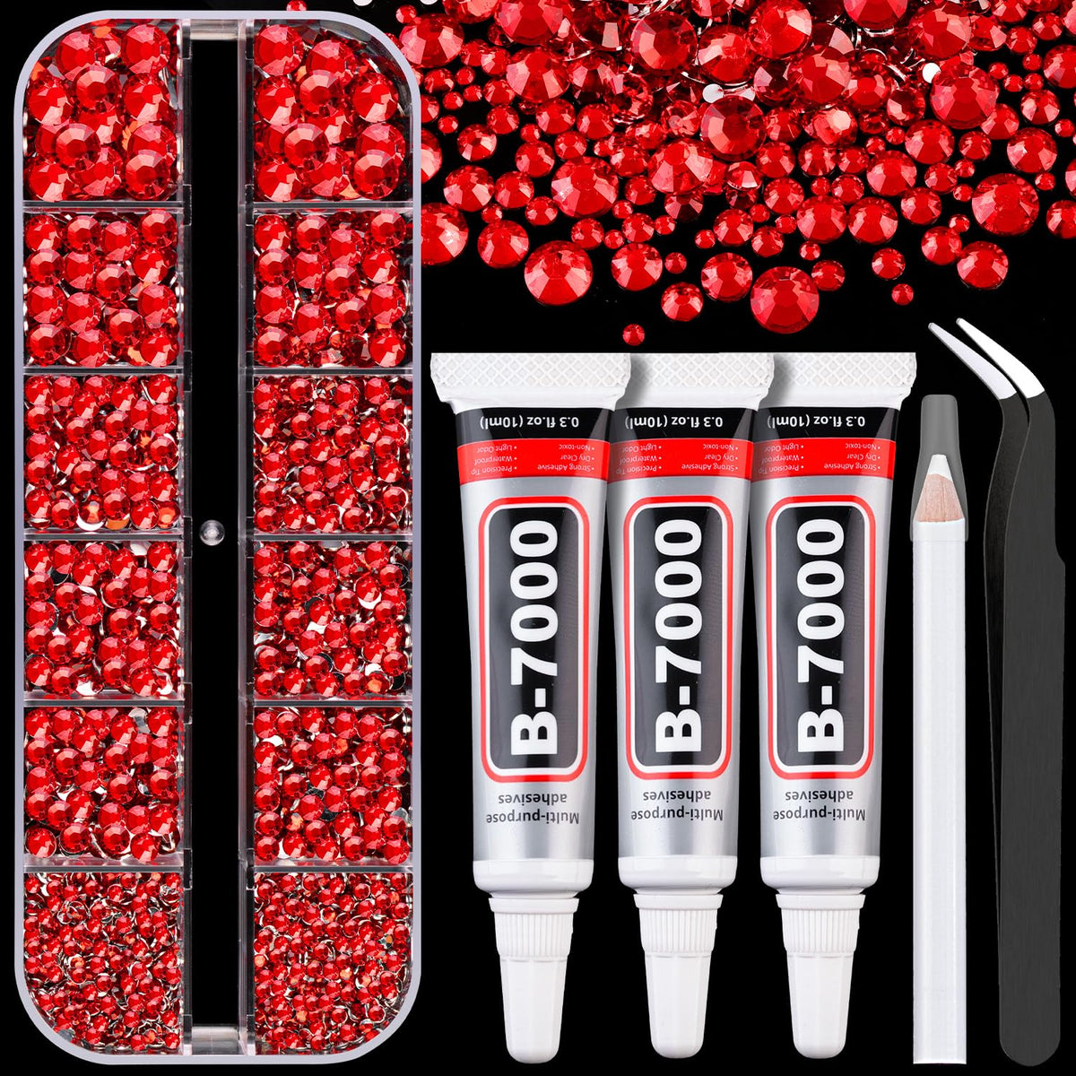 Resin Rhinestones for Crafting with B7000 Jewelry Glue, 1 Box Red Flatback Crystals with 3Pcs 10ml Glue for Bedazzling Crafts DIY Nail Art Makeup，Non Hotfix Gems for Clothing Shoes