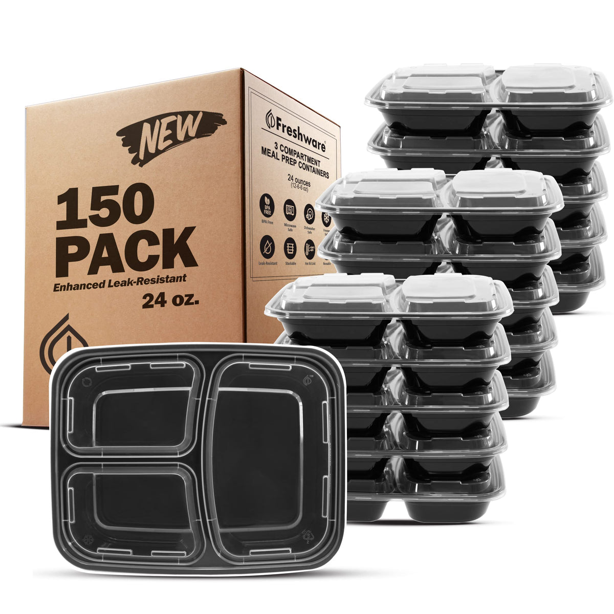 Freshware Meal Prep Containers [25 Pack] 3 Compartment with Lids, Food Storage Containers, Bento Box, Stackable, Microwave/Dishwasher Safe (32 oz)