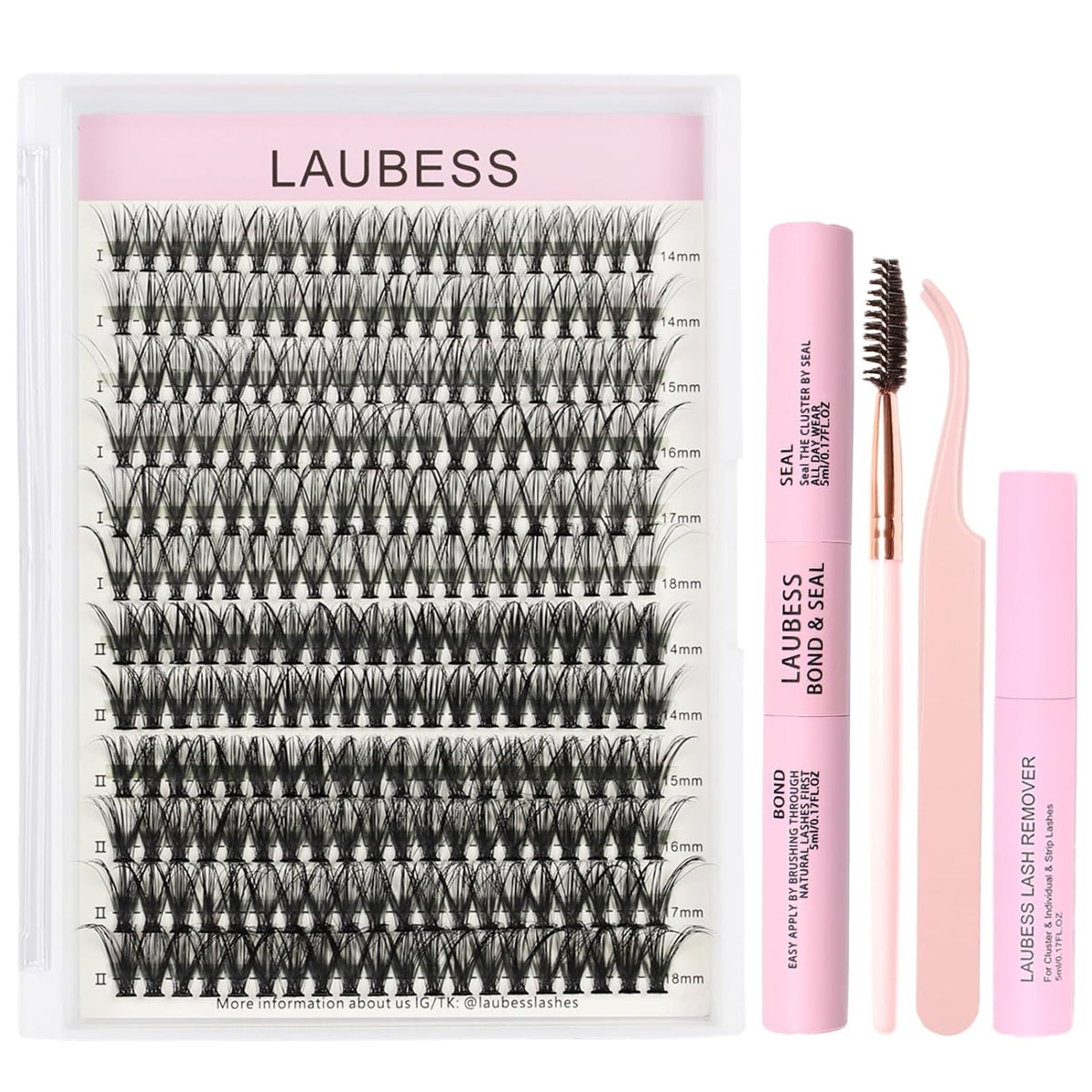 Lash Clusters Kit LAUBESS DIY Lash Extension Kit Lash Bond and Seal Waterproof Lash Glue Remover Tweezers Brush Cluster Eyelash Extensions Kit Eyelash Clusters (Kit 30D/40D-D-Mix14-18)