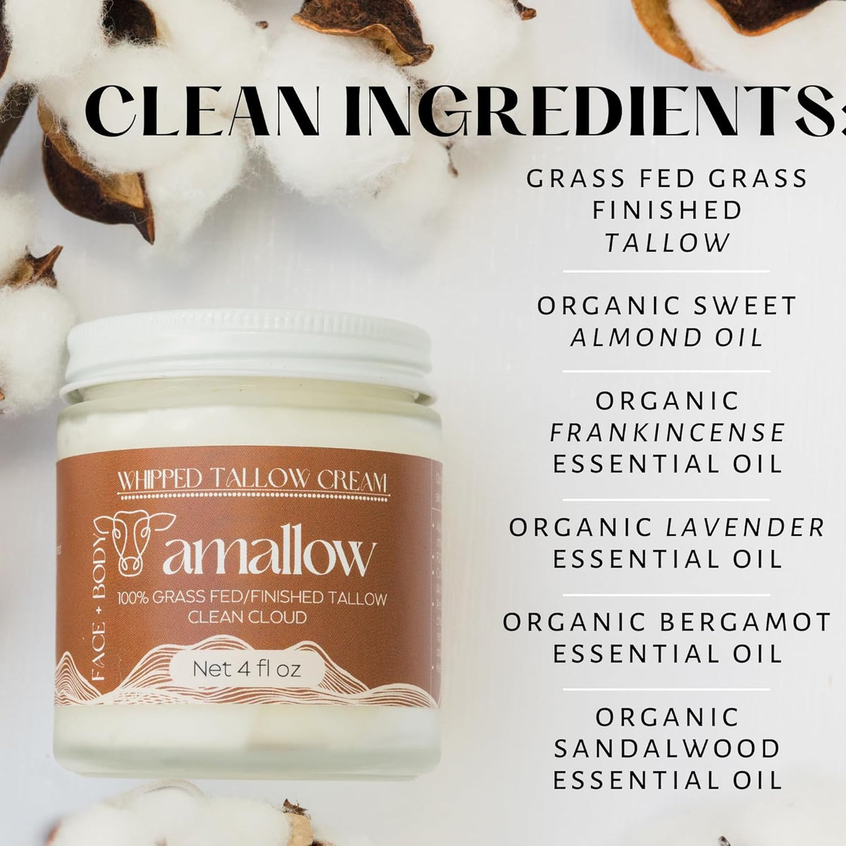 Amallow 100% Grass Fed Beef Tallow for Skin Care - Face + Body - Whipped Moisturizer - Natural Lotion, 4 FL. oz. (Clean Cloud)