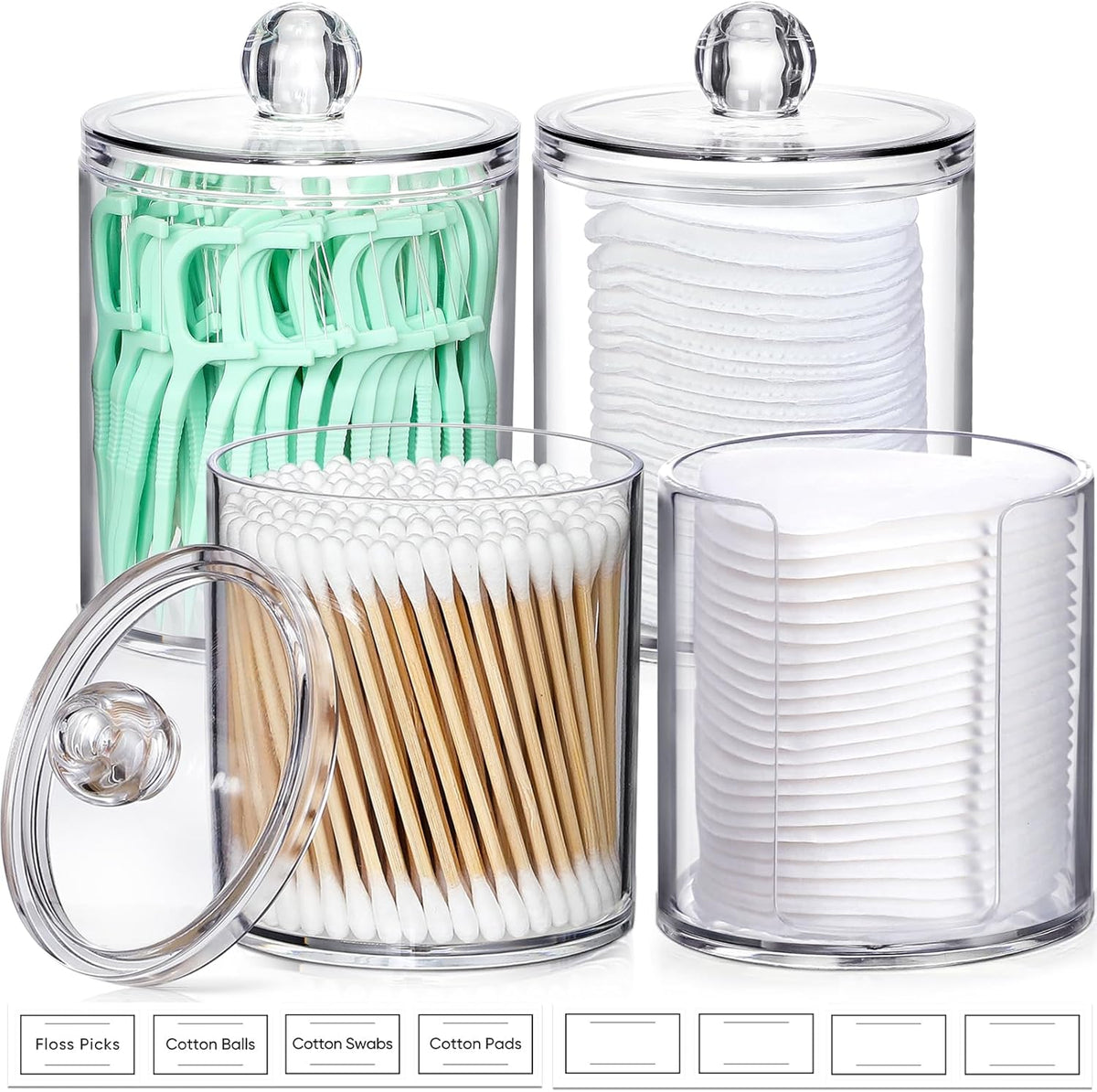 AOZITA 4 Pcs, Acrylic Qtip Holder Dispenser for Cotton Swab, Ball, Round Pads, Floss Picks - Clear Plastic Apothecary Jar Set for Bathroom Canister Storage Organization, Vanity Makeup Organizer