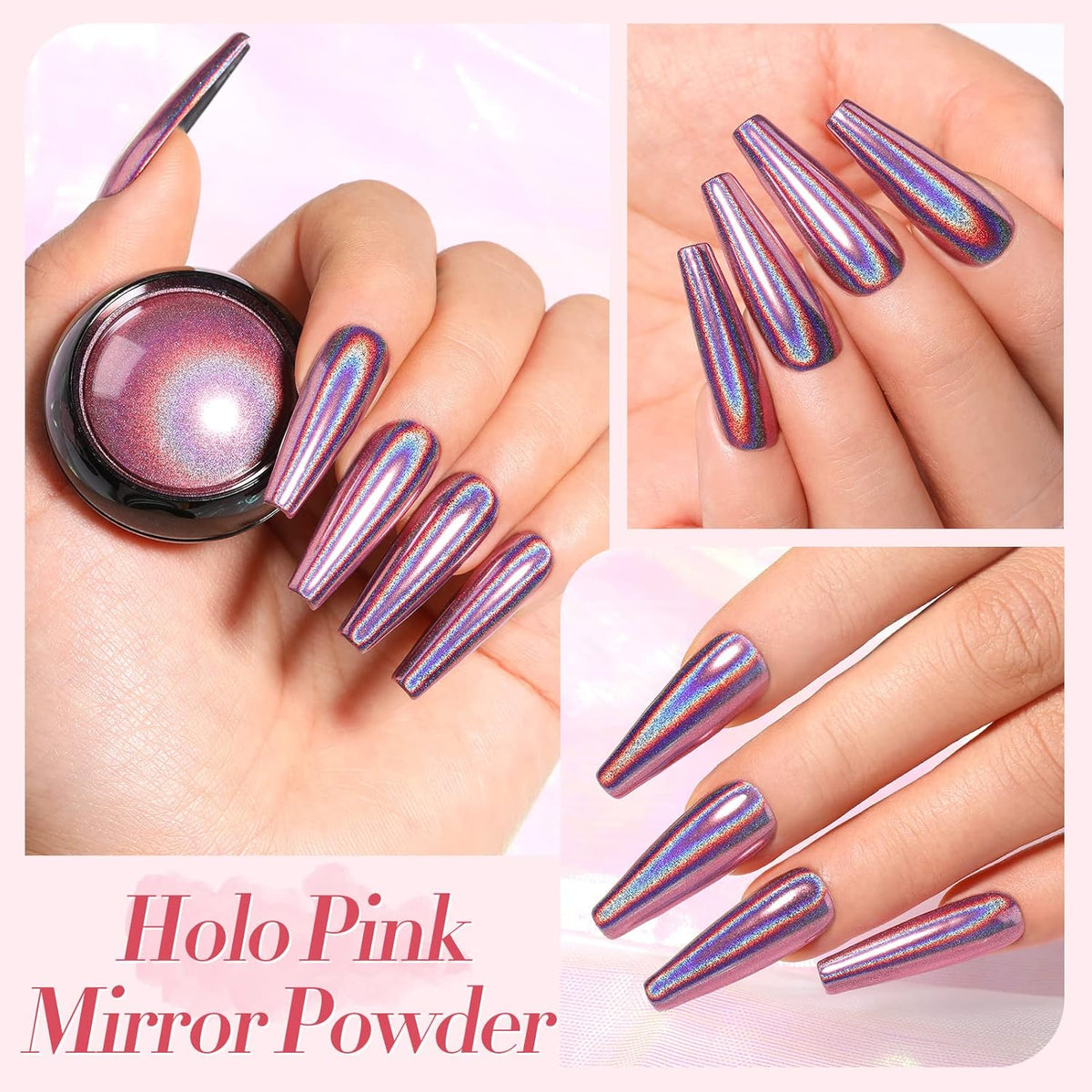 Born Pretty Chrome Nail Powder Metallic Mirror Powder Holographic Pigment Powder Manicure Nail Art Decoration Sets Silver Gold Pink Rose Gold 4 Boxes