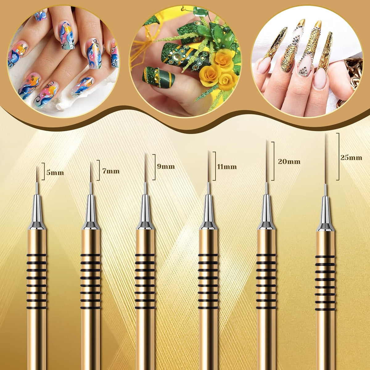 Nail Art Liner Brushes Set, 6Pcs Nail Art Design Brush Striping Thin Long Lines Dotting Drawing Pen, UV Gel Polish Painting Metal Handle Striper Brushes Size 5/7/9/11/20/25mm