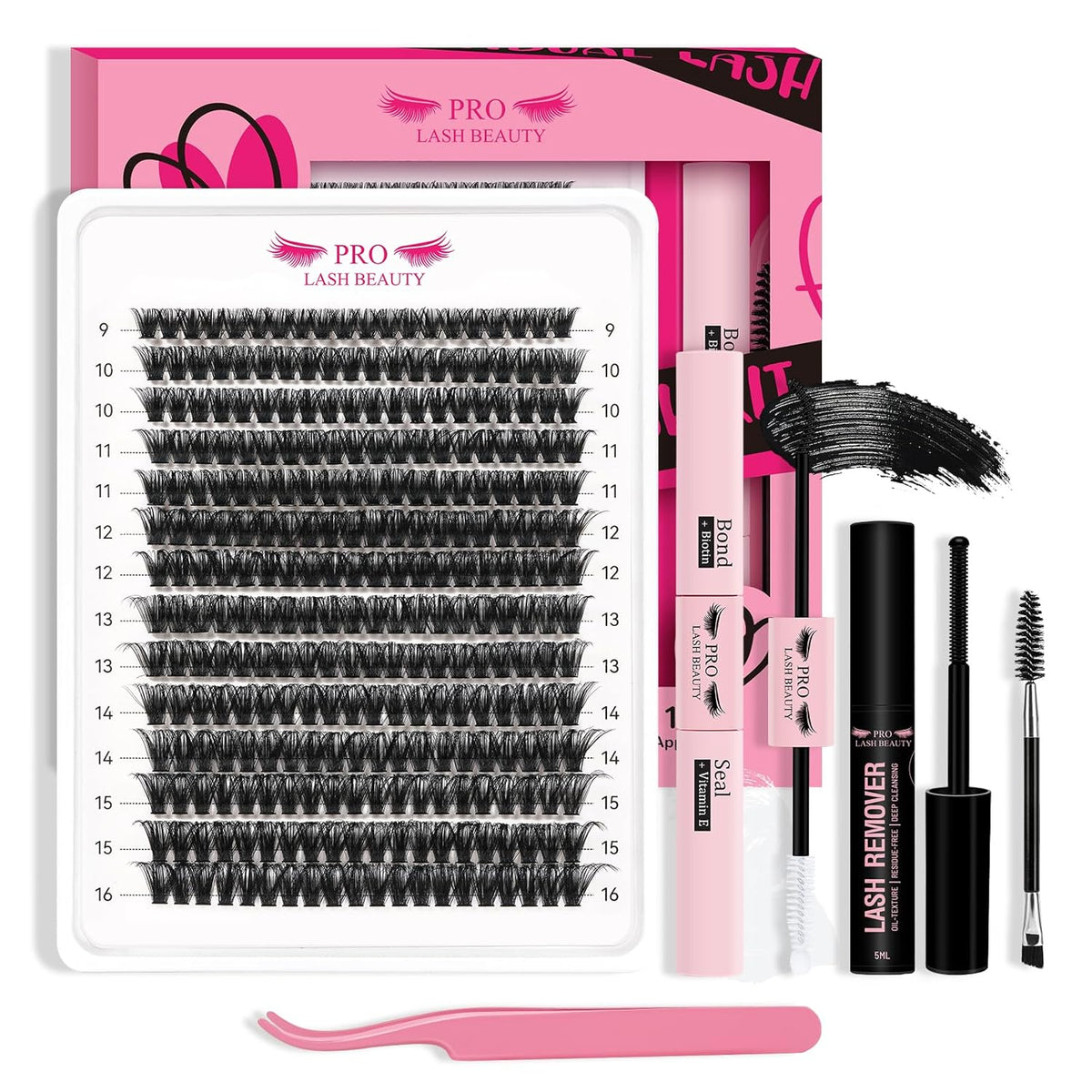 Lash Clusters Kit 280pcs Lash Clusters D Curl Eyelash Extension Kit Individual Lashes with Lash Bond and Seal Lash Applicator Easy to Apply at Home(80D-9-16mix Kit)