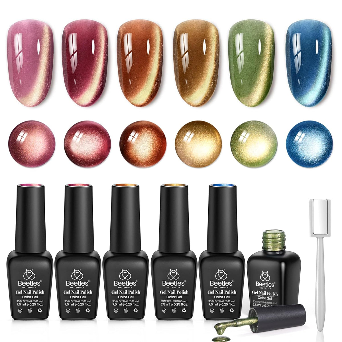 beetles Gel Polish Golden Mirage Cat Eye Gel Nail Polish Set - 6 Colors Pink Red Brown Green Blue Glitter Fall Gel Nail Kit, Magnetic Shine Soak Off UV Gel for Salon DIY Manicure Gift for Women