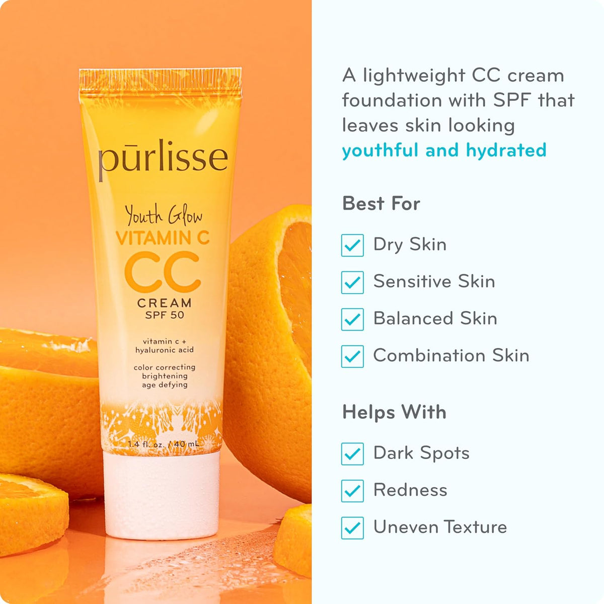 pürlisse Youth Glow Vitamin C CC Cream with SPF 50 - Color Corrector Enriched with Sea Buckthorn, Vitamin C & Hyaluronic Acid - Boosts Radiance & Youthfulness - Paraben-Free - Fair (1.4 oz)