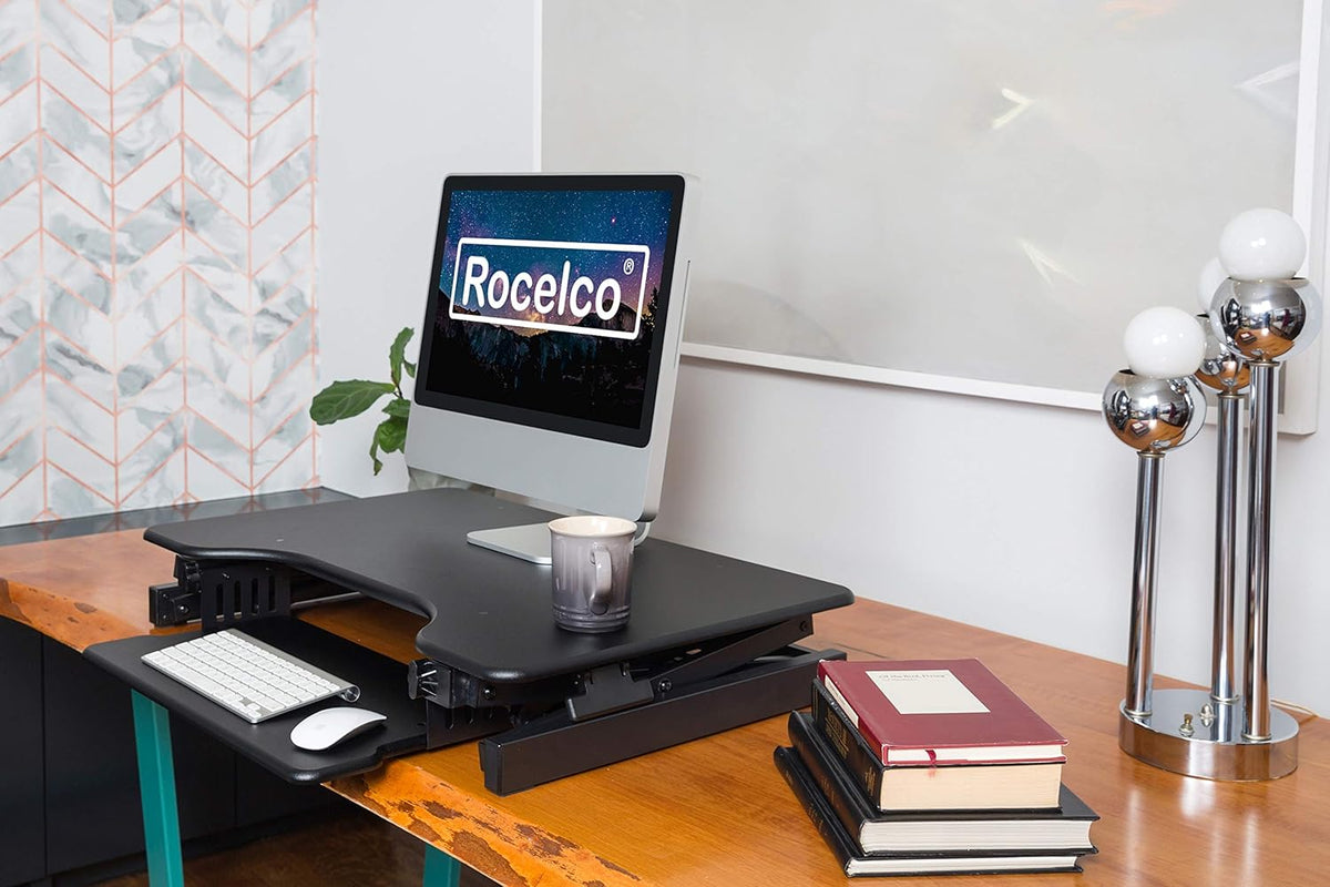 Rocelco 40" Large Height Adjustable Standing Desk Converter - Quick Sit Stand Up Dual Monitor Riser - Gas Spring Assist Computer Workstation - Retractable Keyboard Tray - Black (R DADRB-40)