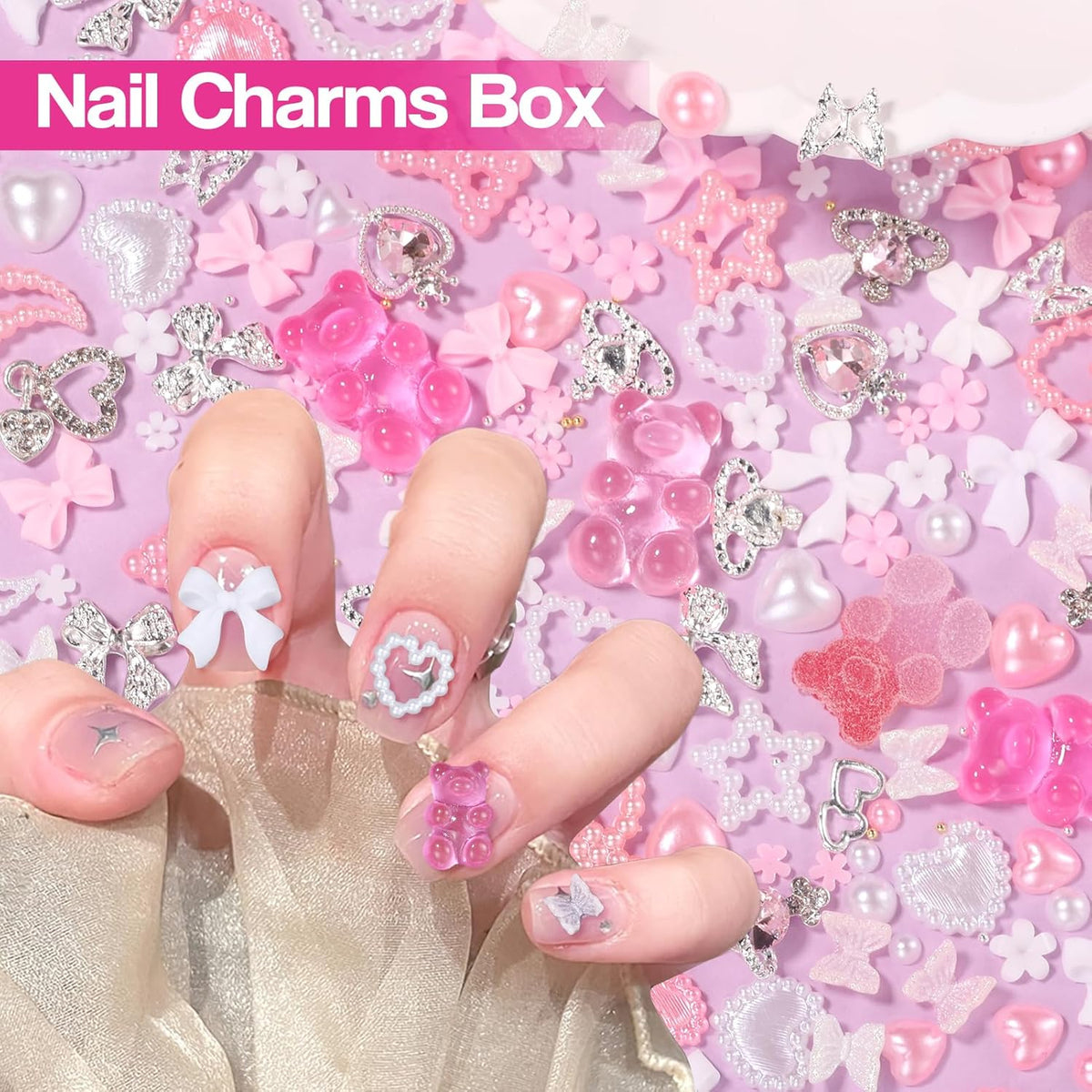 Silver Nail Gems Charms, 3D Pink Color Nail Art Charms, Acrylic Blossom Tiny Flowers Flatback Multi Styles Pearls Nail Charms Planet Heart Butterfly Nail Diamond Charms for Nails Manicure DIY Crafts