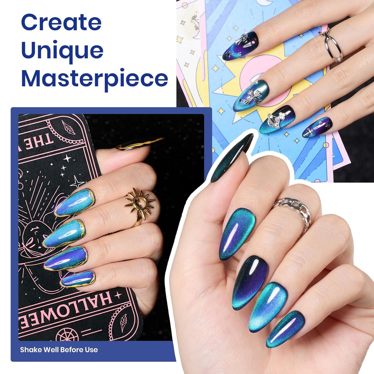 Beetles Blue Cat Eye Gel Nail Polish - 15ML Glitter Blue Chameleon Sparkle Holographic Nail Polish with Magnet Translucent Mystical Aura Gel Soak Off UV LED Nail Lamp Nail Art Manicure Salon DIY Home