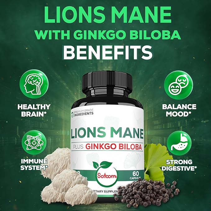 Lions Mane with Ginkgo Biloba Supplement - 60 Capsules - Extra Strength for Restful Mind, Brain Health, Immune System & Focus - Gluten-Free, Non-GMO