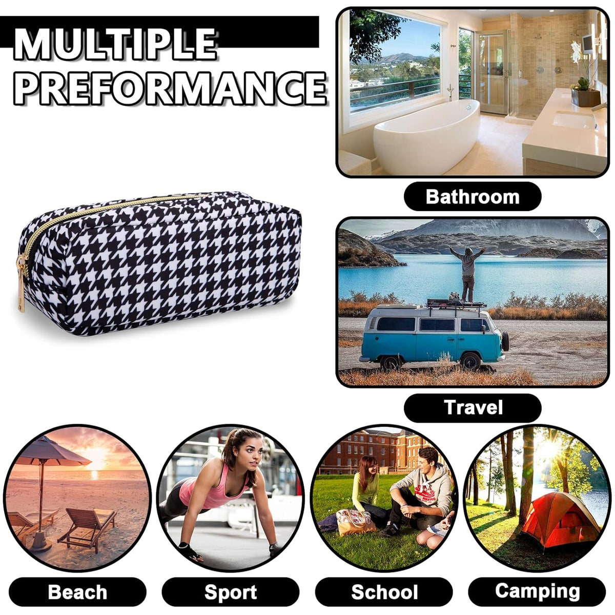 Small Pencil Case Makeup Bag for Purse, Cute Pencil Pouch Nylon Preppy Houndstooth Makeup Brush Bag with Zipper, Girl Portable Stationery Storage Case Small Pen Bag for Office School(Slim-Houndstooth)
