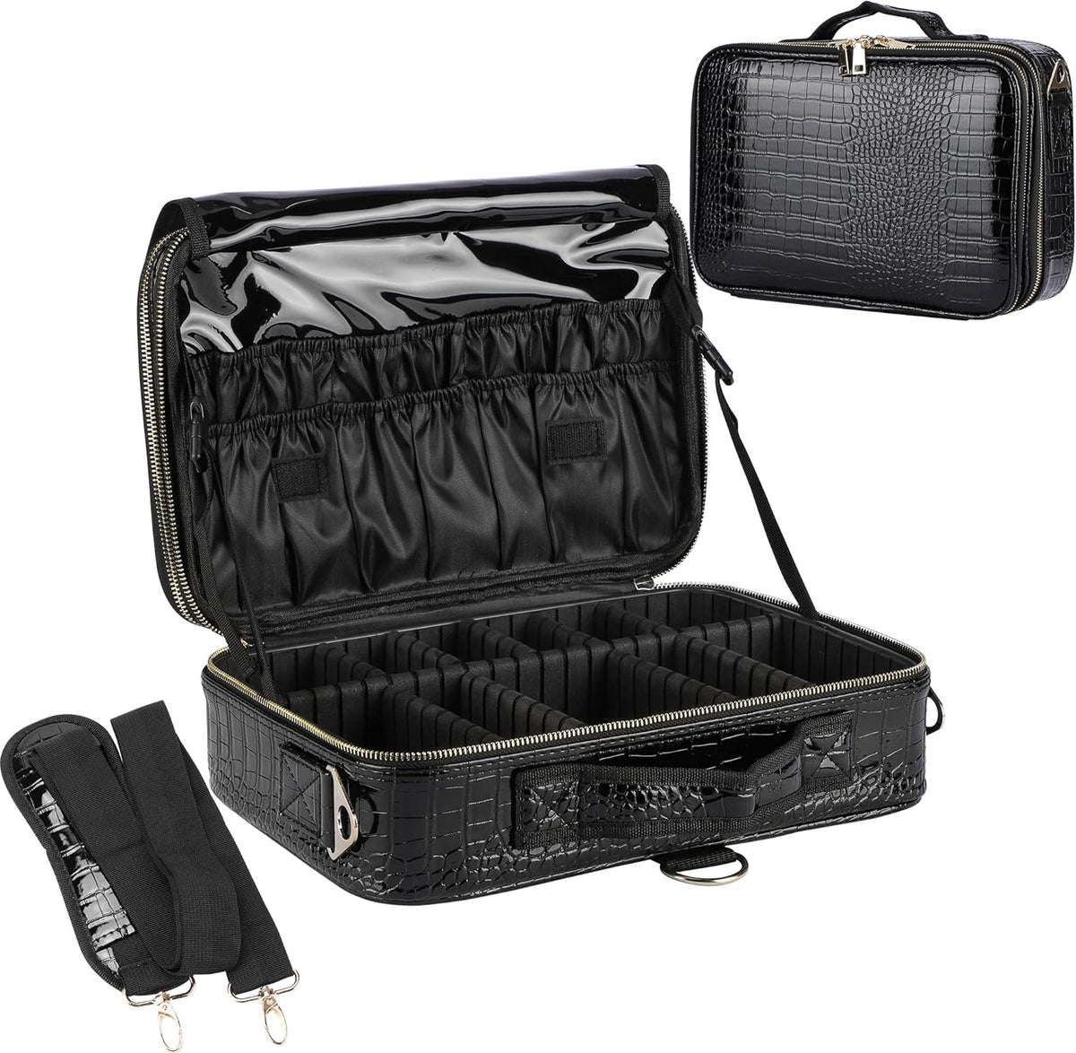 JOURMON Travel Makeup Case 3 Layers Makeup Train Case Crocodile Makeup Bag Organizer Portable Artist Storage Bag with Adjustable Dividers and Shoulder Strap