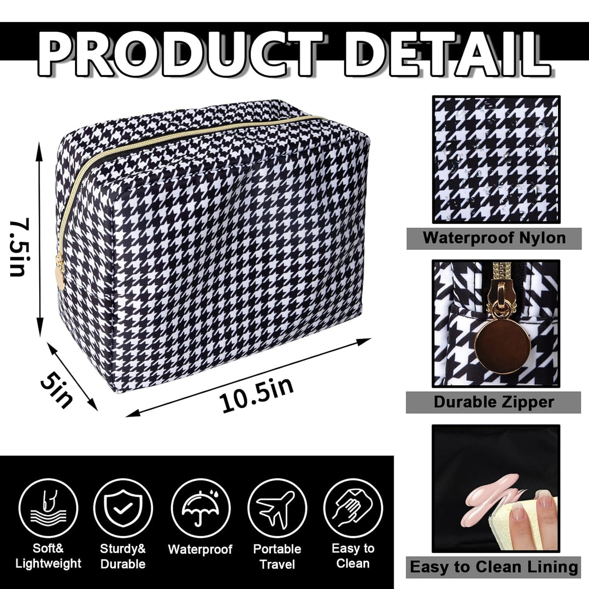 Large Makeup Pouch, Nylon Women Travel Toiletry Storage Houndstooth Cosmetic Bag for Girls, Big Preppy Makeup Organizer Cute Zipper Pouch Skincare Bag for Sport School (Large-Houndstooth)