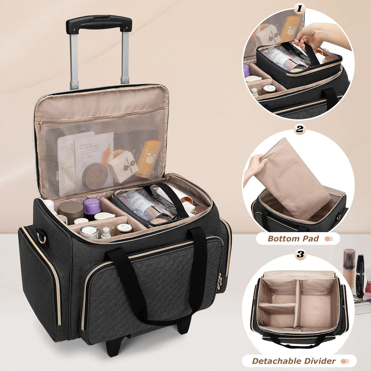 LUXJA Rolling Makeup Case with 3 Removable Pouches and 1 Makeup Brush Bag, Large Makeup Bag Cosmetic Bag with Detachable Dolly (Patented), Black