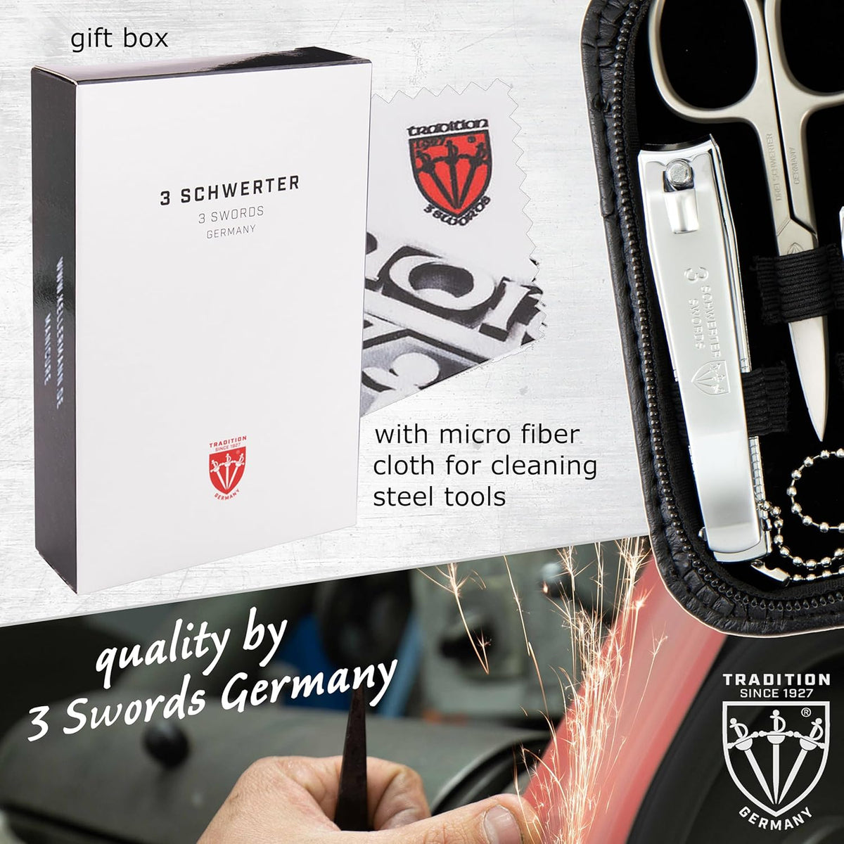 3 Swords Germany – brand quality 8 piece manicure pedicure grooming kit set for professional nail care with synthetic leather case ostrich black - Made in Germany