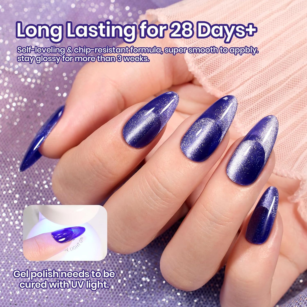 Beetles Cat Eye Gel Nail Polish, 15ML Purple Cat Eye Holographic Glitter Gel Polish with Magnet Soak Off UV Shimmer Velvet Gel Celestial Veil Series French Nail Art Design Manicure Gifts for Women