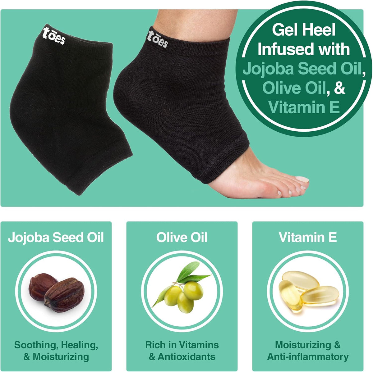 ZenToes Moisturizing Socks for Cracked Heel Treatment - Vitamin E, Olive Oil and Jojoba Oil Infused Heel Socks to Soften and Hydrate (Cotton Black, Regular)