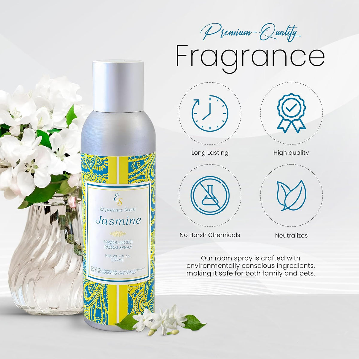 Room Spray Air Freshener - Long Lasting Jasmine Aroma for Home, Bathroom, kitchen, Office & Car – Air freshener for home 6 FL Oz