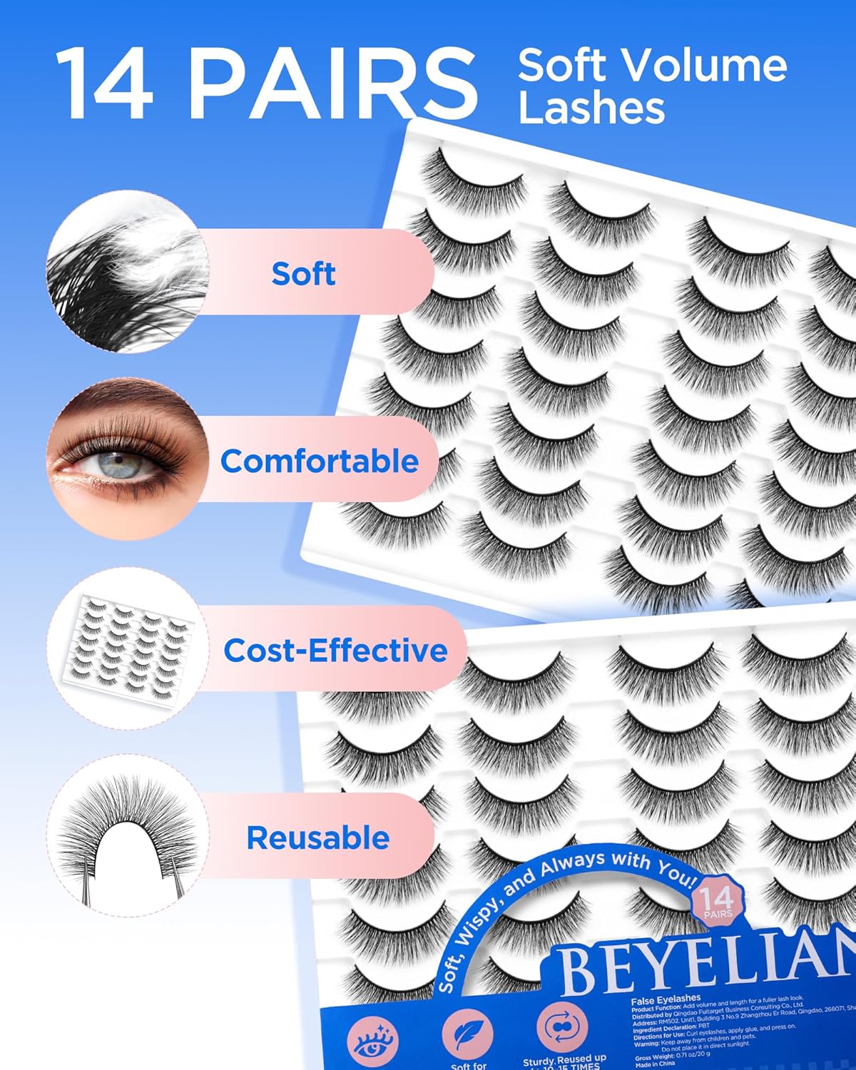BEYELIAN False Eyelashes 14 Pairs Eye Lashes 6-12mm Strip Lash Pack Soft 3D Volume Faux Mink Lashes That Look Like Extensions