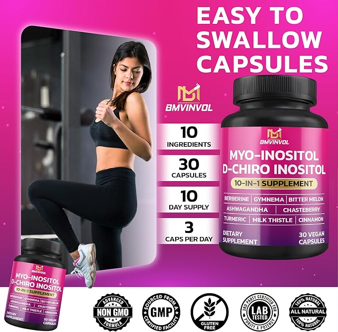 BMVINVOL Inositol Supplement - Myo-Inositol and D-Chiro Inositol Ideal 40:1 Ratio - Plus Berberine, Cinnamon, Ashwagandha + 5 More - 30 Capsules