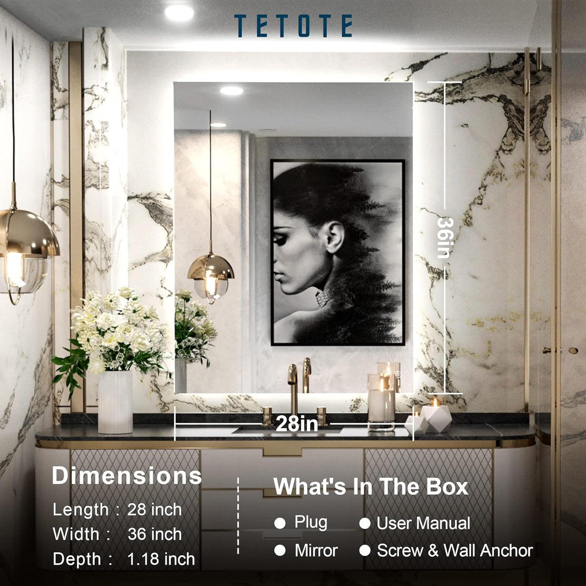 TETOTE 36 x 28 Inch LED Backlit Mirror Bathroom with Light,Anti-Fog,Dimmable,Lighted Mirror(Horizontal/Vertical) Wall Mounted Vanity Mirror