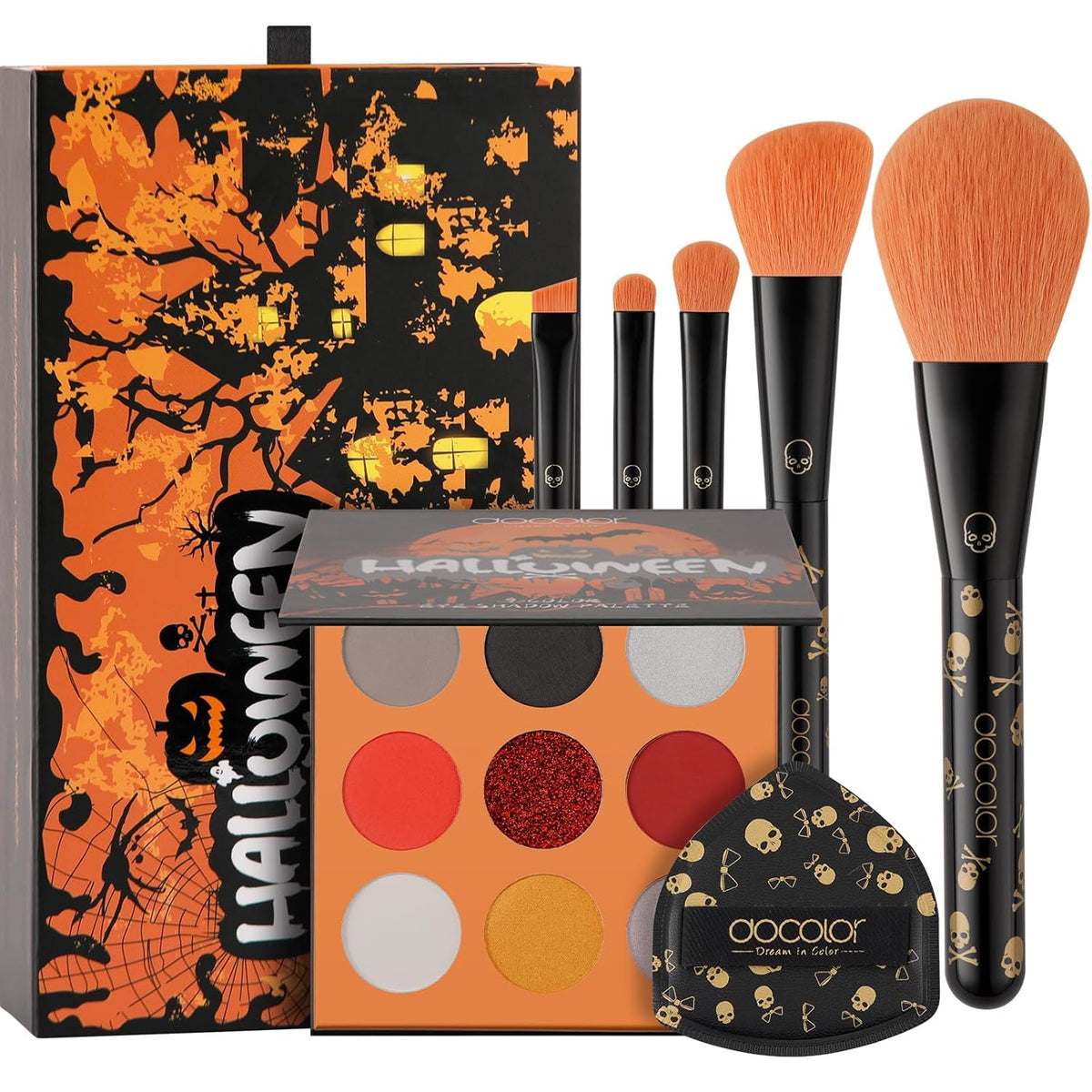 docolor Makeup Brush Set,5PCS Halloween Goth Makeup Brushes Powder Contour Eyeliner Brow Eyeshadow Brush Set with 9 Colors Halloween Eyeshadow Palette,1PC Makeup Sponge Puff&3PCS Halloween Scar Tattoo
