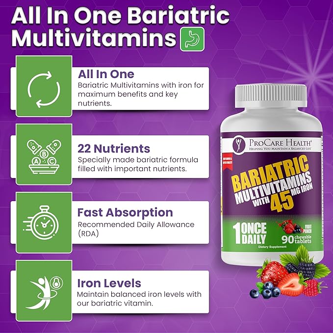 Procare Health Bariatric Multivitamin with Iron 45mg Chewable (90 Tablets) - Fruit Punch Flavor Bariatric Multivitamin Chewable Pills for Gastric Bypass & Sleeve Gastrectomy Patients (03 Month Supply)