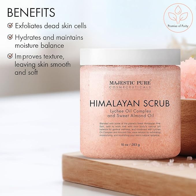 MAJESTIC PURE Himalayan Salt Body Scrub with Lychee Oil, Exfoliating Salt Scrub to Exfoliate & Moisturize Skin, Deep Cleansing - 10 oz