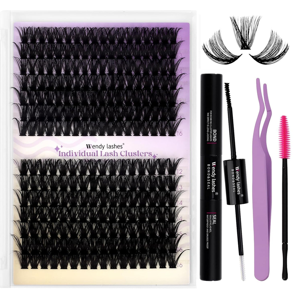 Lash Clusters Kit for Using at Home: Ultra-light, DIY, Natural, Fluffy, Wispy, Waterproof, Anime, Manga, Cat Eye, C Curl, 12-16mm, 60P+80P, Wendy, RT318
