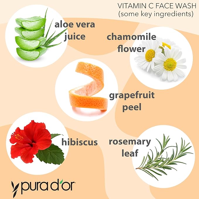 PURA D'OR Vitamin C Face Wash (8oz x2 = 16oz) Antioxidant Rich Facial Cleanser For Radiant Glow & Even Skin Tone - Gentle, Refreshing, Nurturing, Hydrating, Sulfate & Paraben Free Formula