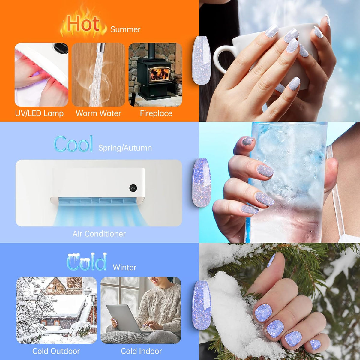 YTD Likomey Brocade Glitter Color Changing Gel Nail Polish,15ml Light Blue To Blue Shimmer Mood Temperature Change Colors Iridescent Flakes,Fall Winter Thermal Ombre UV Nail Gel,WB354