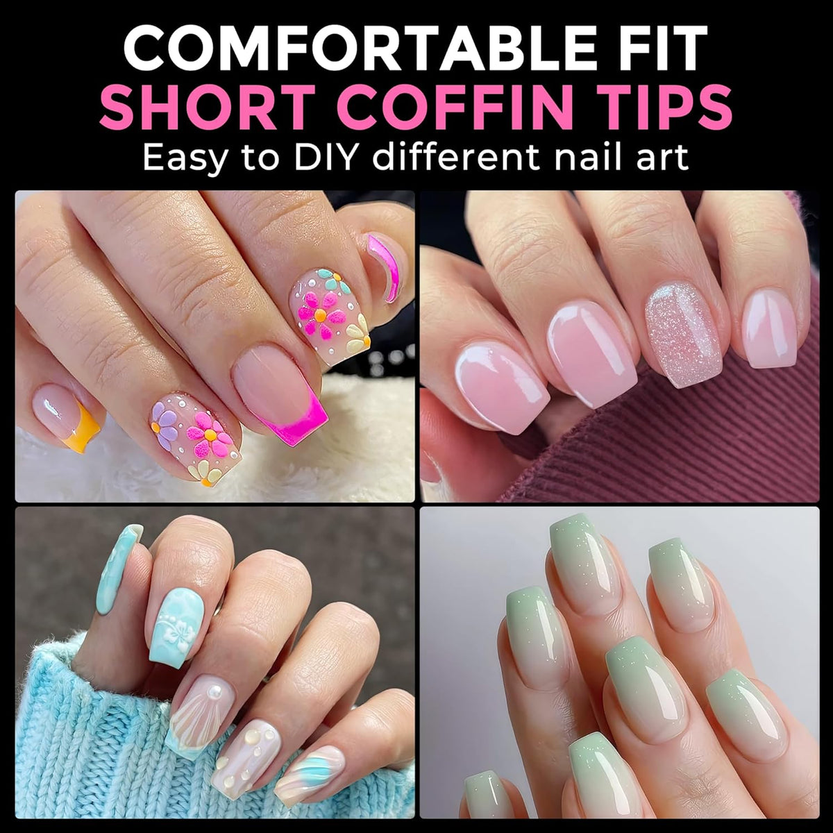 UNA GELLA Short Coffin Nail Tips: 216pcs Short Coffin Press on Nails Pre-shape Gel Nail Tips for Full Cover Acrylic Nails False Nails For Nail Extension Home DIY Salon 12 Sizes Gelly Tips