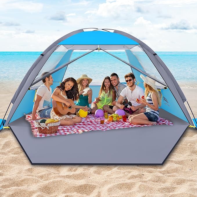 Happy Travel Beach Tent, UPF 50+ UV Protection Sun Shade Shelter for 3/4/5/6/7/8 Person, Portable Beach Canopy for Family & Baby, Lightweight & Easy Setup Beach Cabana with 3 Ventilation Mesh Windows