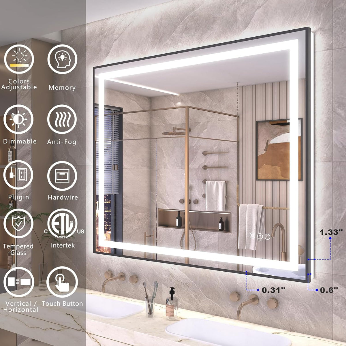 OKPAL 40x32 LED Bathroom Mirror with Lights, Lighted Mirrors for Bathroom Wall, Black Frame Lighted Vanity Mirror, Front and Backlit, Dimmable, Anti-Fog, Memory, Horizontal/Vertical