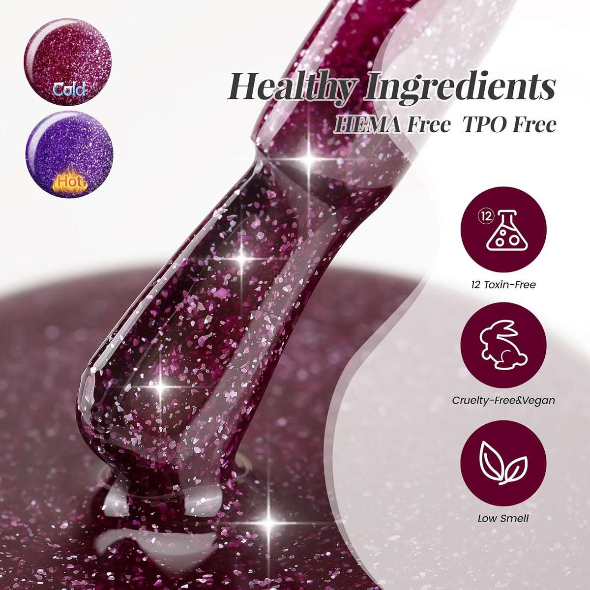 YTD Likomey Color Changing Gel Nail Polish 2 Pcs Set,15ml Purple To Dark Wine Red Pure Color and Glitter Nails Gel Kit,Thermal Ombre Change Colors Salon Manicure Fall Winter UV Varnish,WB2-7