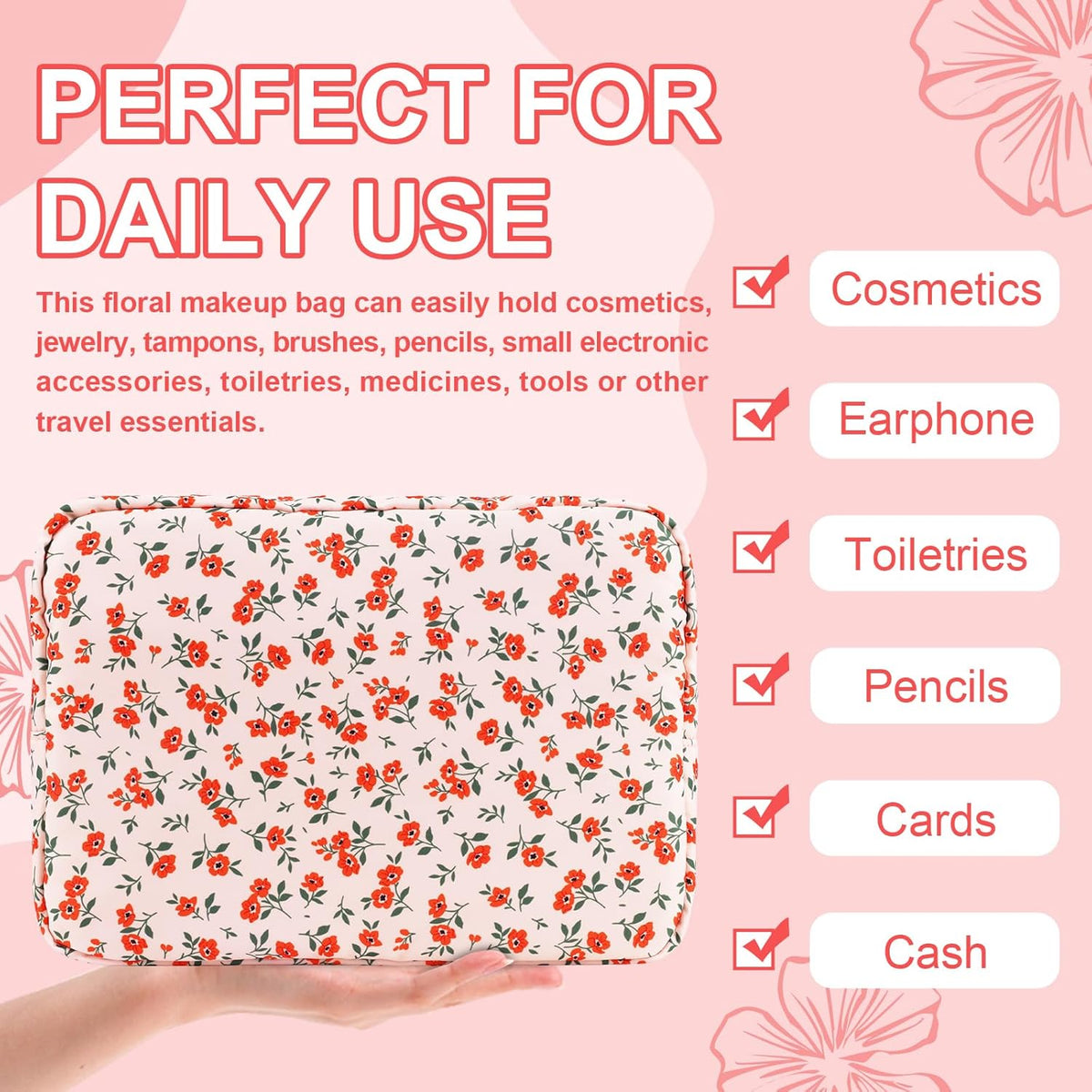 Waterproof Large Floral Makeup Pouch,Nylon Travel Toiletry Storage Purse Preppy Cosmetic Bag for Women Girl,Large Capacity Makeup Organizer Zipper Pouch for Work(L Pink-Flowers)