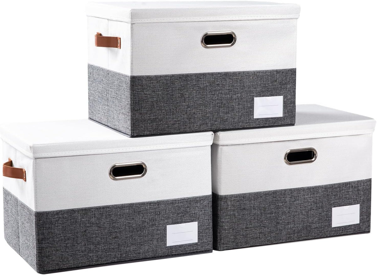 PRANDOM Foldable Storage Bins with Lids [3-Pack] Fabric Collapsible Storage Boxes Baskets Cubes Containers with Handles for Closet Living Room Bedroom (Grey & White 17.7x11.8x11.8'')