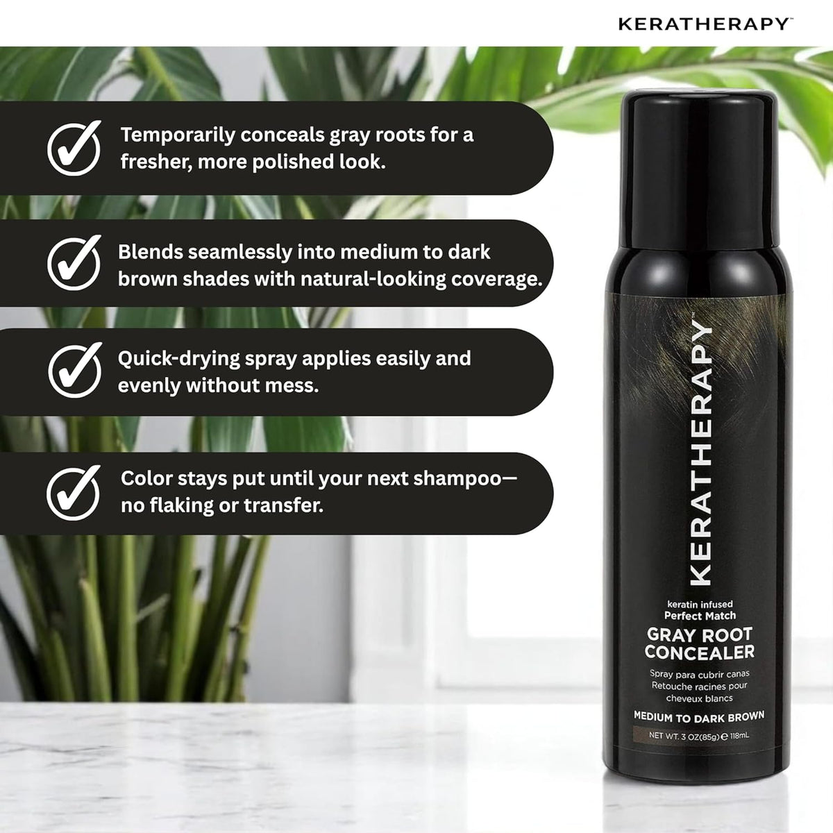 Keratherapy Keratin Infused Perfect Match Gray Root Concealer Spray, Dark Brown, 3 oz, 118 ml - Root Cover Up Spray to Hide Gray Roots - Keratin Therapy Hair Darkening & Temporary Scalp Concealer