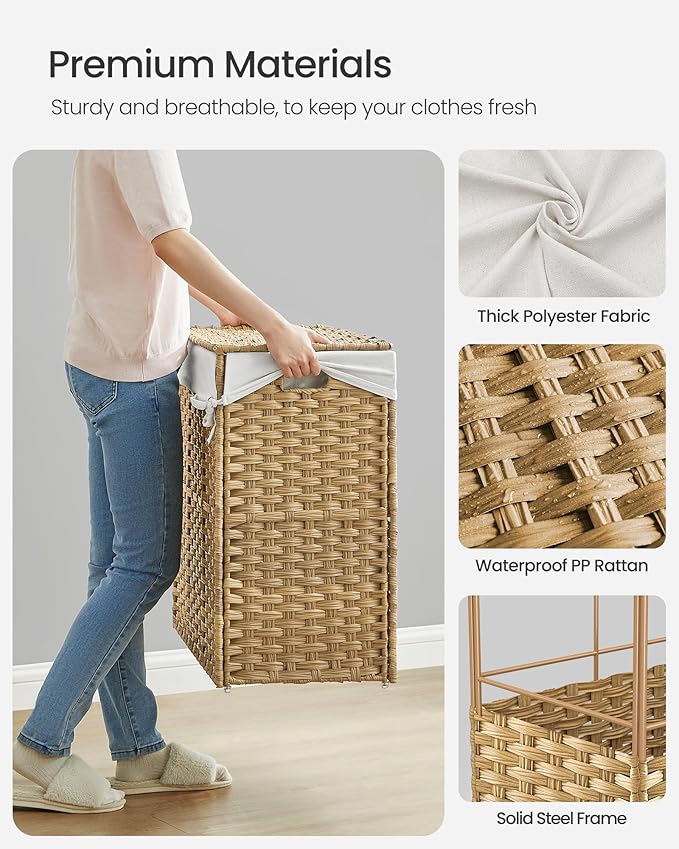 SONGMICS Laundry Hamper with Lid, 42.3 Gallons (160 L), Rolling Laundry Basket with Wheels, 3-Section Synthetic Rattan, Removable Liner, Bedroom, 29.9 x 13 x 26 Inches, Natural ULCB365N01