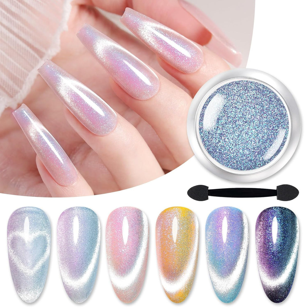 Born Pretty Cat Magnetic Eye Nail Powder Auroras Holographic Iridescent Nail Chrome Powder Chameleon Nail Powder Holographic Effect Glitter Pigment Dust for Nail Art Manicure DIY Design