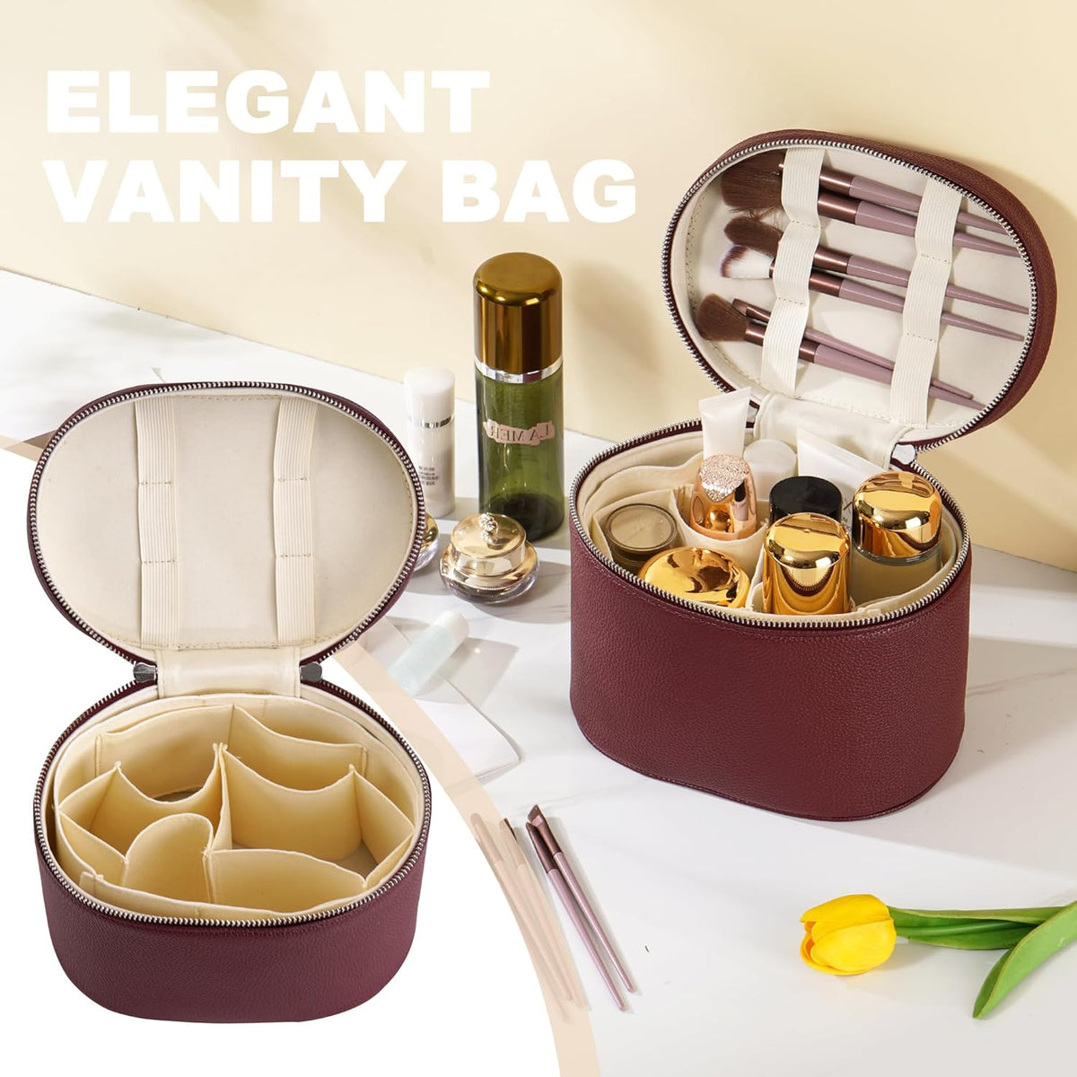 Makeup Bag Vanity Case Cosmetic Bag with Removable Divider Travel Toiletry Bag for Women Portable Make up Box Organizer, Burgundy