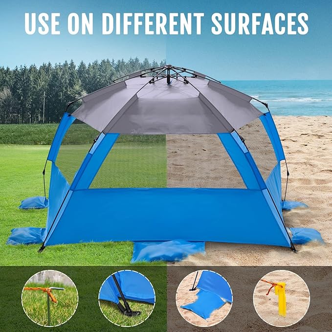 WhiteFang Deluxe Pop Up Beach Tent Sun Shade Shelter for 3-4/5-6 Person, UV Protection, Extendable Floor with 3 Ventilating Windows Plus Carrying Bag, Stakes, and Guy Lines