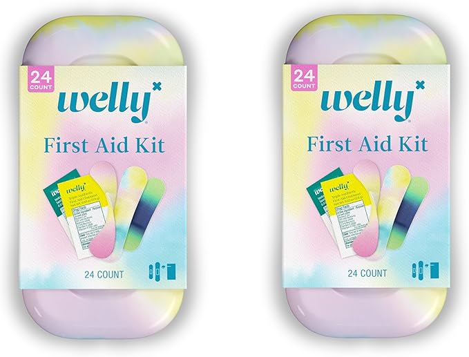 Welly Quick Fix Colorwash, On The Go First Aid Kit, Assorted Bandages, Ointments, and Hand Sanitizer, Tie Dye Patterns, 2 Pack