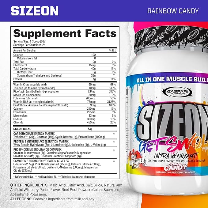 Gaspari Nutrition SizeOn, The Ultimate Hybrid Intra-Workout Amino Acid & Creatine Formula, Increased Muscle Volume & Muscle Recovery (3.59 Pounds, Rainbow Candy)