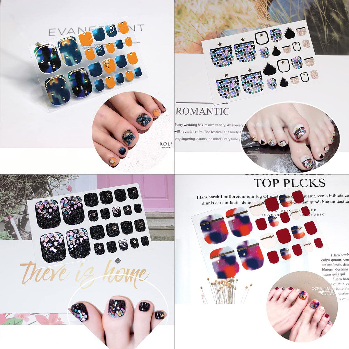 WOKOTO 20 Sheets 440 Pieces Toe Nail Polish Strips for Toes Women Nail Art Wraps Mermaid Gel Nail Strips for Toe Nails Iridescent Shell Flake Design Nail Polish Stickers Stick On Nails for Women