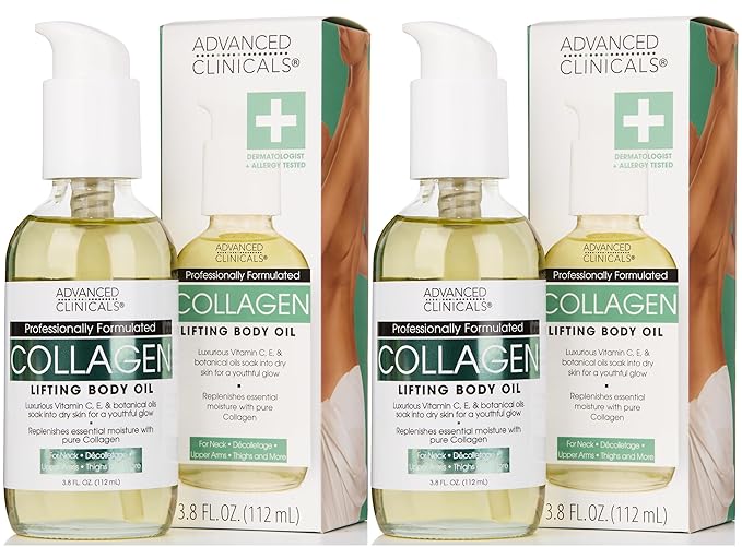 Advanced Clinicals Hydrating Collagen Oil For Body & After Shower | Visible Anti Aging Moisturizing Collagen Body Oil For Women & Men Helps Soften Appearance Of Crepe Skin & Wrinkles, 3.8 Fl Oz, 2pc