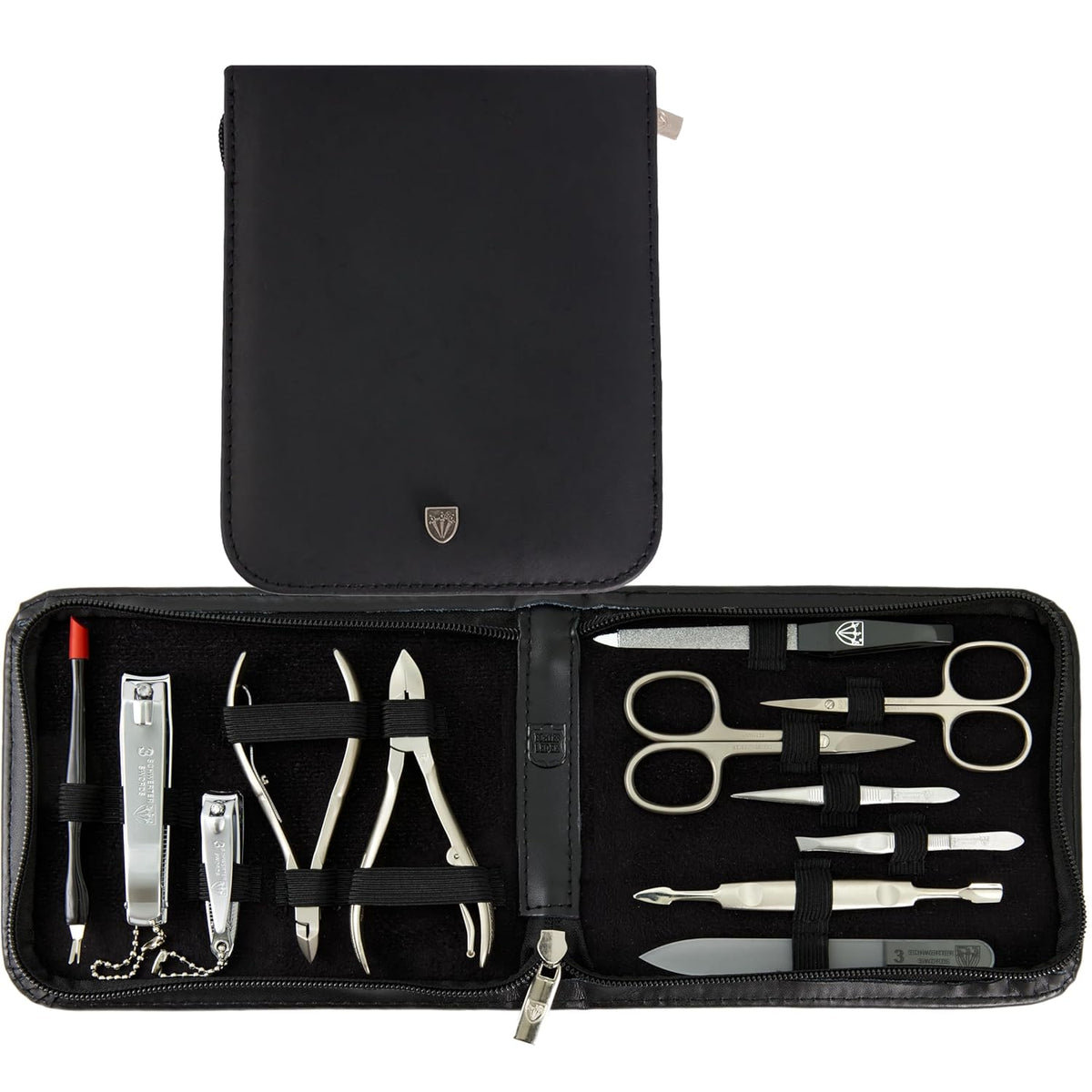 3 Swords Germany - brand quality 12 piece manicure pedicure grooming kit set for professional finger & toe nail care with black genuine leather case - Made in Germany