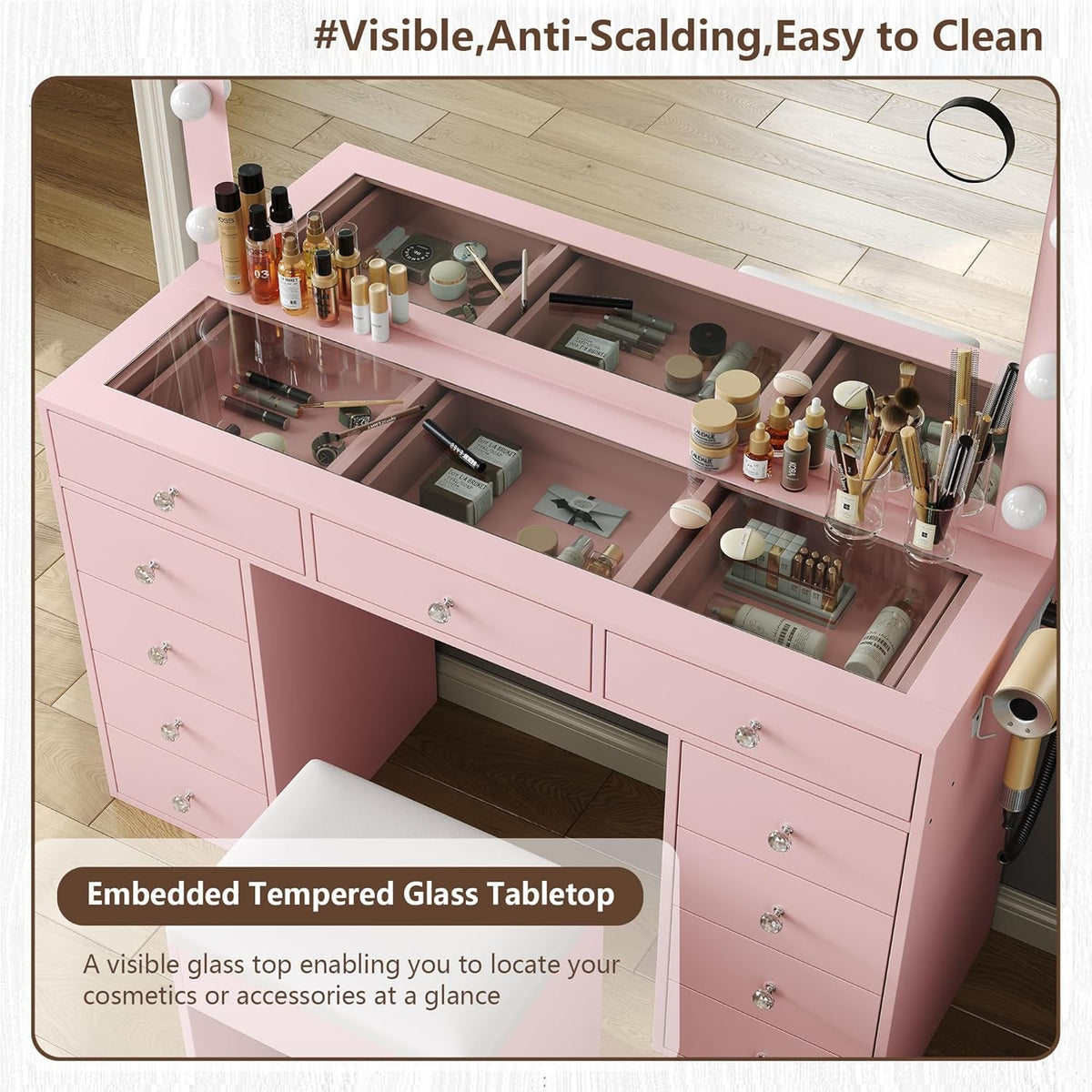 11 Drawers Vanity Desk, Makeup Vanity with Power Outlet, Glass Top, Vanity with Mirror and Light, 3 Color Option, Brightness Adjustable, Dressing Table for Bedroom