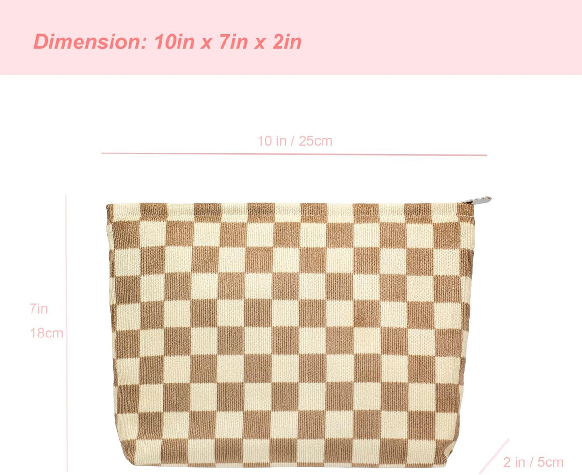 PAZIMIIK Makeup Bag Large Zipper Corduroy Make Up Pouch for Purse Travel Canvas Cosmetic Organizer for Women Brush Storage,Checkered Light Brown