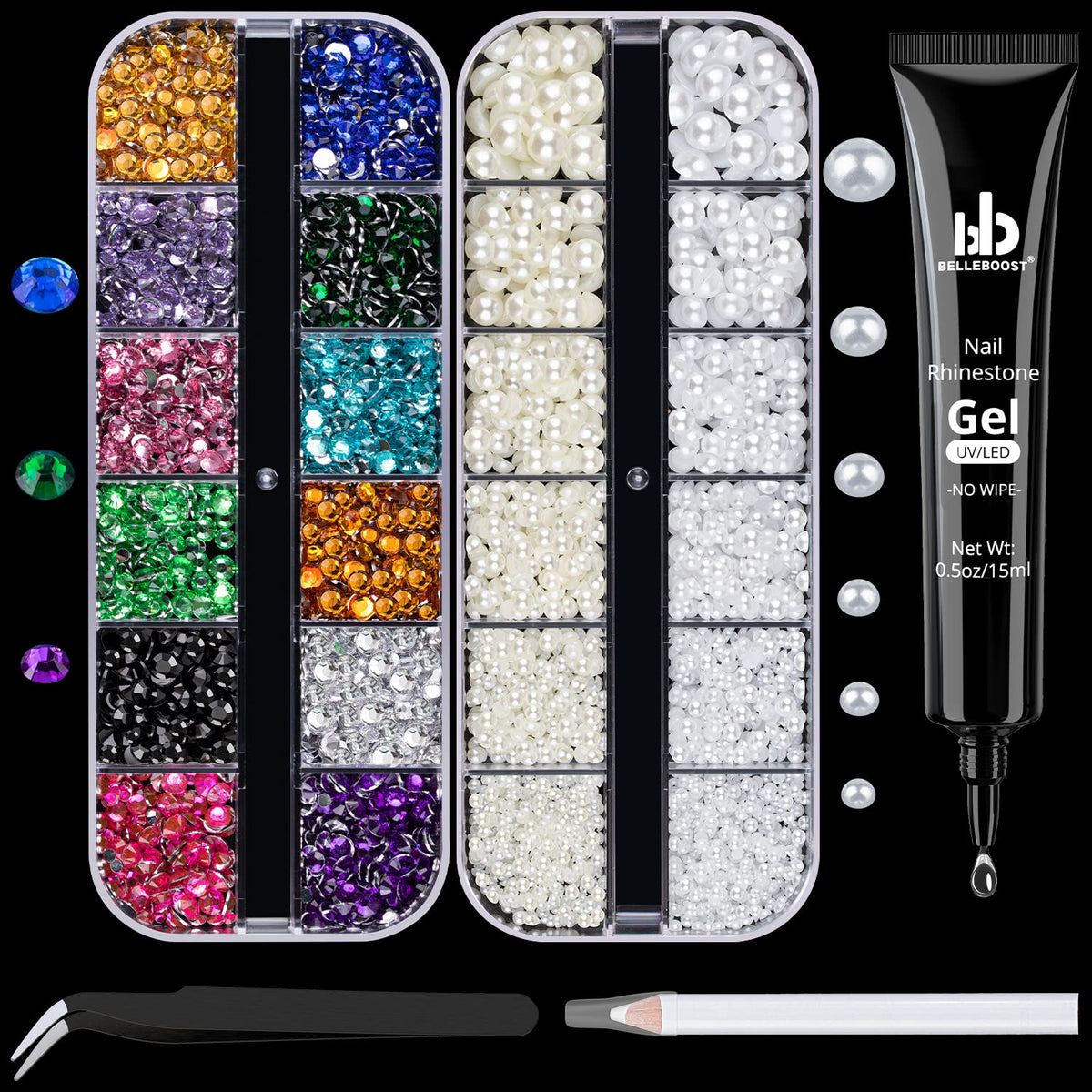 Nail Art Rhinestone Glue Gel&2 Boxes Flatback Gems Kit, 1 Tube of 15ml Rhinestone Gel Glue(UV/LED Needed)+Colorful Gems+Flat-Back Half Round White&Beige Pearls with Pickup Tools